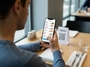 תפריט QR למסעדות עם אורחים המעיינים ומזמינים מהטלפון בשולחן